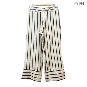 Tahari Wide Leg High-Rise Cream Black Striped Linen Pants Women’s Medium